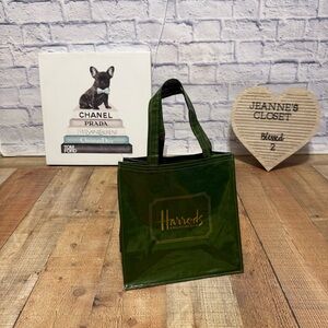 VTG Harrods Shopping Bag Tote Glossy Vinyl Cotton PVC Green Vintage